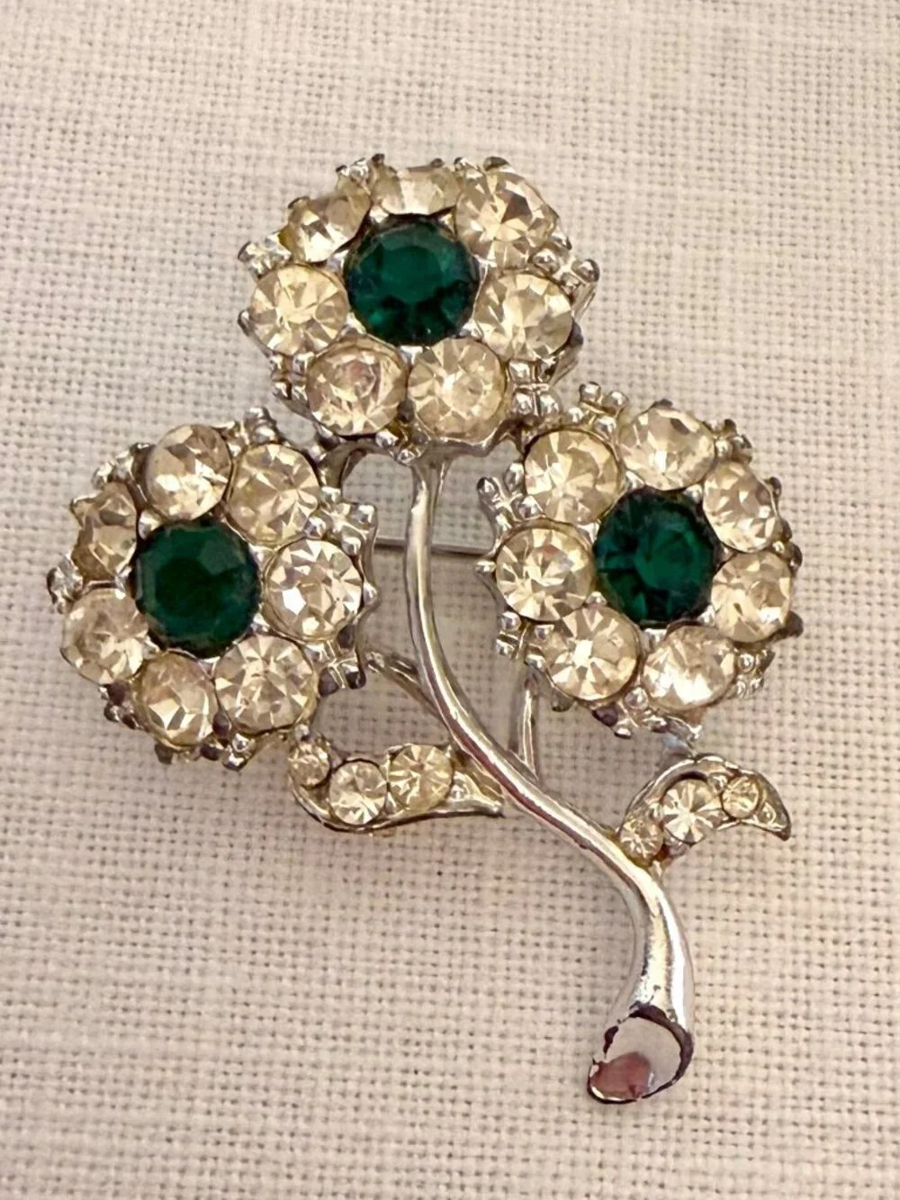 Vintage Silver Tone Rhinestone Flower Brooch Green Floral Pin 1960s